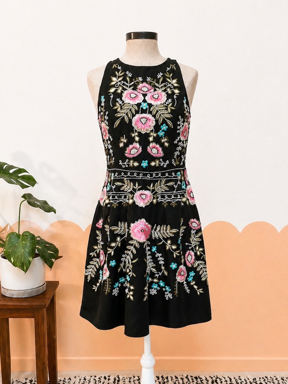 Gianni Bini Black Mini Dress with Pink & Blue Floral Embroidery and Beadwork